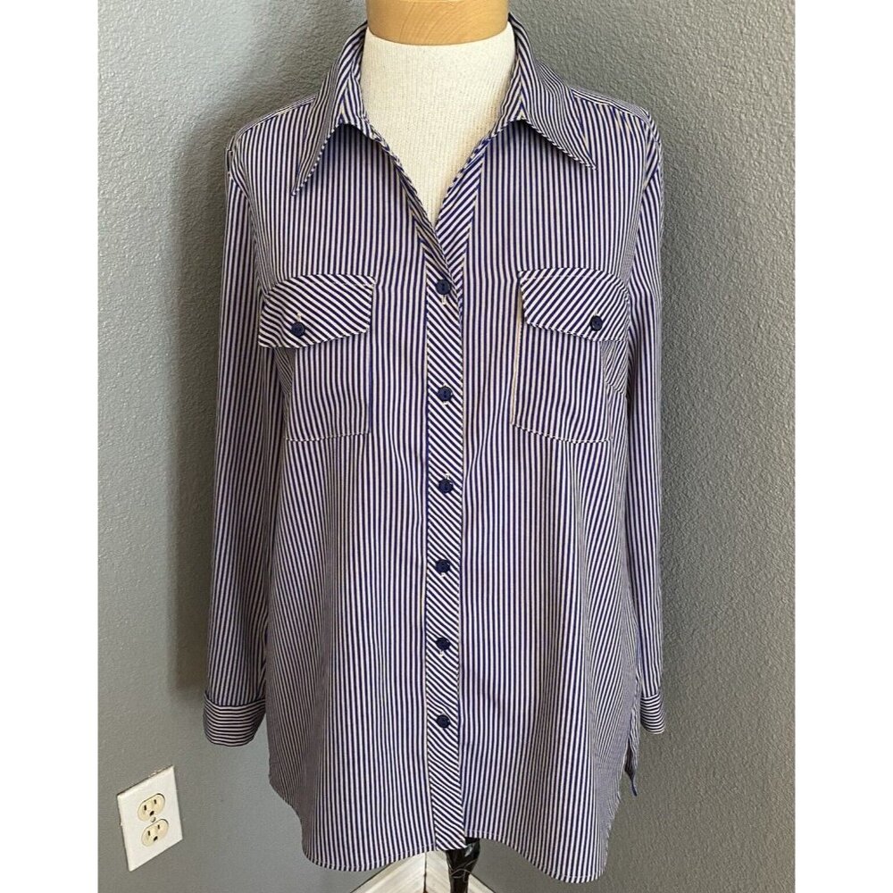 Elementz Blouse Size Medium Tan Blue Striped Roll Tab Sleeves Pockets‎